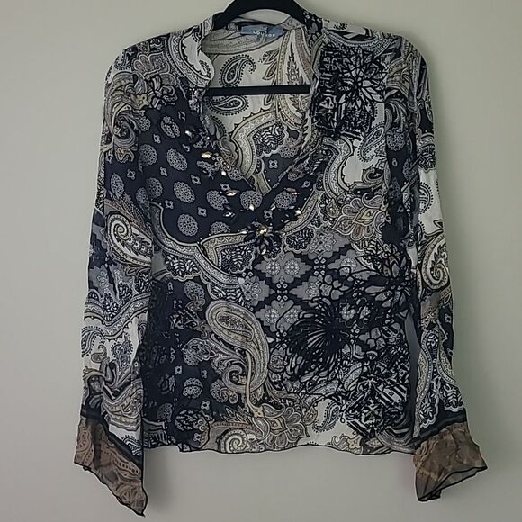 Halé Bob Lounge 100% Silk Sheer Paisley Print Blouse w/ Slit Bell Sleeve Size M - Picture 1 of 7